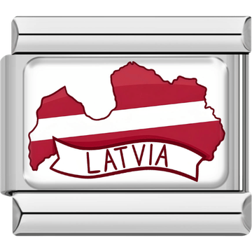 Silver-bordered Italian charm showing the map of Latvia in red with a bold white horizontal stripe, along with a banner reading “Latvia.”